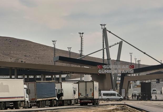 Trucks queue at the Gurbulak border crossing on the Turkish-Iranian border.
