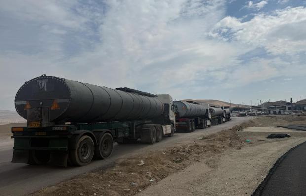 Trucks queue at the Gurbulak border crossing on the Turkish-Iranian border.