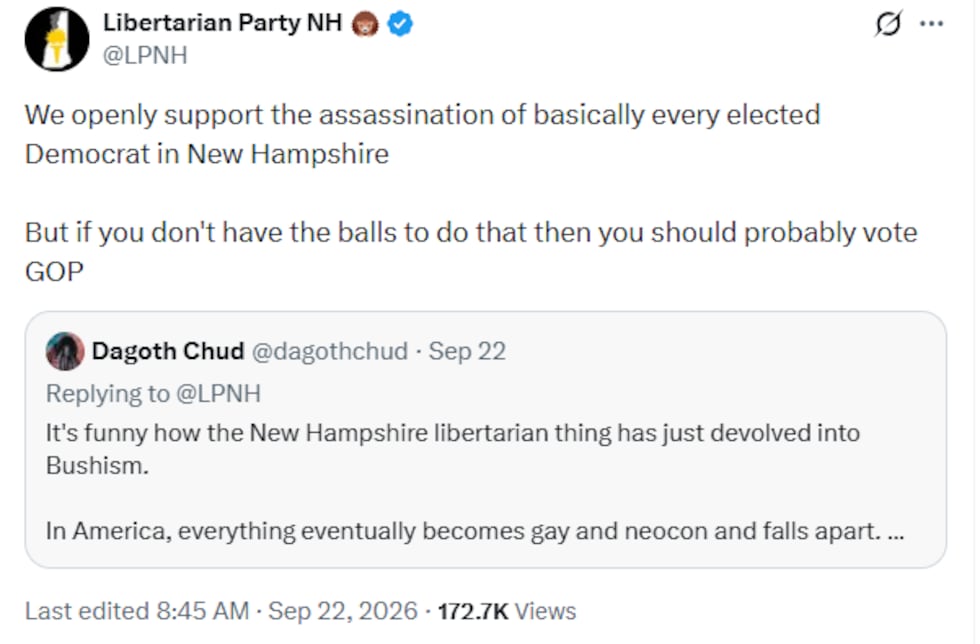 N.H. Libertarian party posts assassination support.
