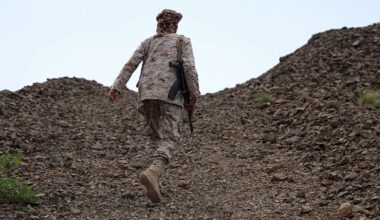 This frame grab taken from AFPTV video footage shows a fighter from the Saudi-backed Nation's Shield Forces deployed in Yemen's Al-Kadha area, west of Taiz province, on Sept. 10, 2026. The Houthis, who control large parts of northwest Yemen, launched a large-scale offensive last week against Yemeni government forces, who are backed by Saudi Arabia.
