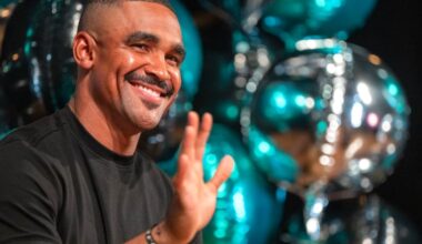 Eagles quarterback Jalen Hurts appears at a rally in the auditorium at Northeast High School Tuesday, Sept. 15, 2026 to give the school $600k for an air conditioning system.