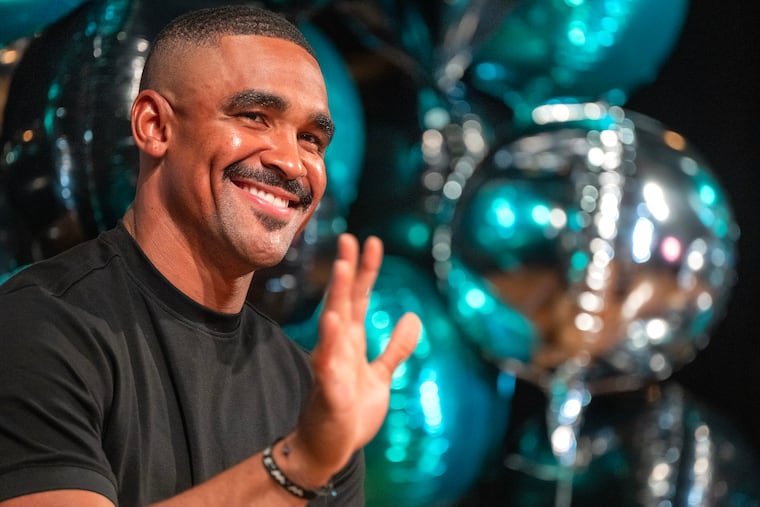 Eagles quarterback Jalen Hurts appears at a rally in the auditorium at Northeast High School Tuesday, Sept. 15, 2026 to give the school $600k for an air conditioning system.
