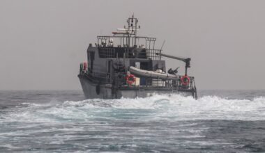 A vessel of the navy of Yemen's Aden-based internationally recognised government patrols a shipping lane off Hanish Island in the Red Sea on July 27, 2026. A Houthi spokesman said on July 24 that the rebels were not blocking traffic through the strategic Bab al-Mandeb Strait, after they declared a maritime embargo this week on their foe Saudi Arabia. The Iran-backed group attacked a Saudi ship in the nearby Red Sea after announcing the blockade, which threatens the top oil exporter's ability to get its supplies to the world following Iran's parallel blockade of the Strait of Hormuz, the kingdom's only other maritime route.