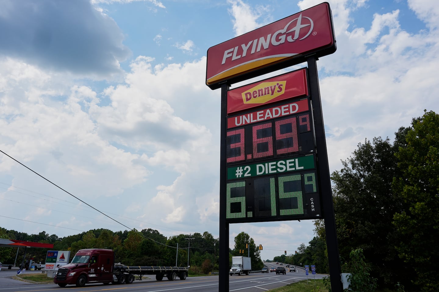 Fuel prices are displayed outside a truck stop, on Sept. 4, 2026, in Fairview, Tenn.