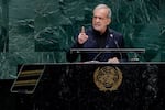 Masoud Pezeshkian, Iran's president, addresses the United Nations General Assembly in New York, on Wednesday.