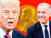 A photo illustration of Donald Trump and Mark Carney and the Nobel Prize.