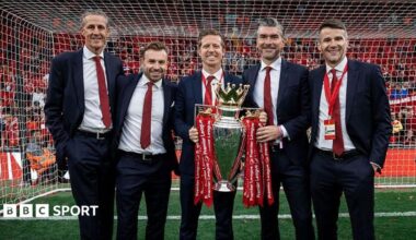 Barry Hunter, Julian Ward, Michael Edwards, Richard Hughes and David Woodfine pose for a photograph with the Premier League trophy at the end of the 2024-25 season.