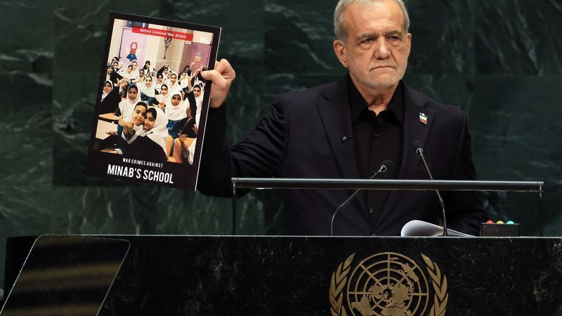 NEW YORK, NEW YORK - SEPTEMBER 23: Iranian President Masoud Pezeshkian holds up a picture of a school that was bombed during Israeli and American airstrikes while the leader speaks during the 81st session of the United Nations (U.N.) General Assembly at U.N. Headquarters on September 23, 2026 in New York City. World leaders have gathered in New York for the annual session of the United Nations General Assembly, with this year's global issues ranging from the threat of artificial intelligence to the continued wars in Ukraine and Gaza. (Photo by Spencer Platt/Getty Images)