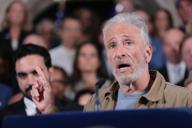 NEW YORK, NEW YORK - SEPTEMBER 08: Television host and 9/11 survivor advocate Jon Stewart speaks during a press conference on the release of 9/11 related documents at City Hall on September 08, 2026 in New York City. Mayor Zohran Mamdani was joined by elected officials, first responders, family members of loved ones affected by 9/11 related illnesses and advocates as he announced the release of previously unseen documents raising concerns about air quality in Manhattan in the aftermath of the 9/11 attacks. The release resolves a lawsuit brought by advocacy group 9/11 Health Watch, which sued the city for the documents. Michael M. Santiago/Getty Images/AFP (Photo by Michael M. Santiago / GETTY IMAGES NORTH AMERICA / Getty Images via AFP)