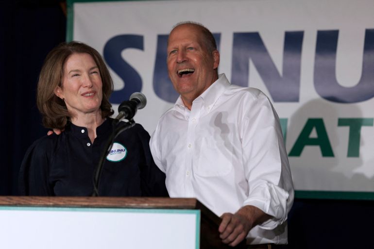 MANCHESTER, NEW HAMPSHIRE - SEPTEMBER 8: New Hampshire Republican Senate candidate John Sununu, accompanied by his wife Kitty, addresses supporters at his primary election night watch party on September 8, 2026 in Manchester, New Hampshire. Sununu will face Rep. Chris Pappas (D-NH) in the November general election. CJ Gunther/Getty Images/AFP (Photo by CJ GUNTHER / GETTY IMAGES NORTH AMERICA / Getty Images via AFP)