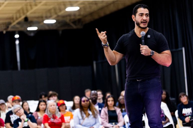 WATERFORD, MICHIGAN - SEPTEMBER 3: Democratic candidate for U.S. Senate Abdul El-Sayed answers questions from attendees during a town hall event, part of a series of events across Michigan focused on hearing from voters, on September 3, 2026 at the Oakland Expo Center in Waterford, Michigan. El-Sayed is scheduled to hold additional town halls throughout September and early October in Lansing, Grand Rapids, Detroit, Flint and Macomb. Emily Elconin/Getty Images/AFP (Photo by Emily Elconin / GETTY IMAGES NORTH AMERICA / Getty Images via AFP)