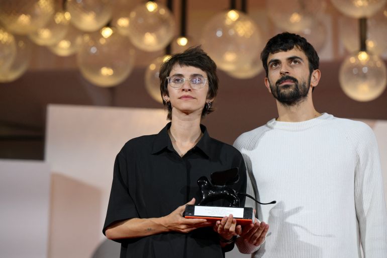 Director Yuval Abraham and Director Rachel Szor winners of the Special Jury Prize for "Naza" attend a photocall on the red carpet following the closing ceremony of the 83rd Venice Film Festival at Venice Lido on September 12, 2026 (Photo by Tiziana FABI / AFP)
