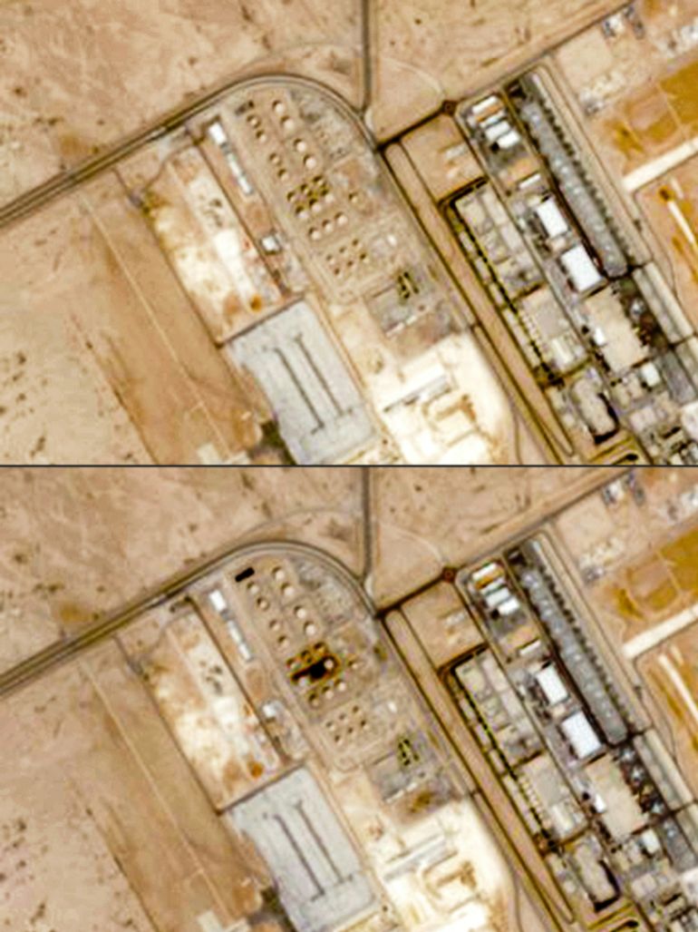 (COMBO) This combination of handout satellite images from Copernicus Sentinel Data taken on (top to bottom) September 16 and 21, 2026 shows Saudi ARAMCO Bulk fuel depots at King Khalid International Airport in Riyadh, before and after an attack.