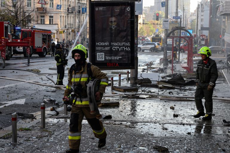 Firefighters work to put out a fire at the private medical centre following a Russian drone attack on Kyiv on September 28, 2026, amid the Russian invasion of Ukraine. (Photo by Serhii Okunev / AFP)