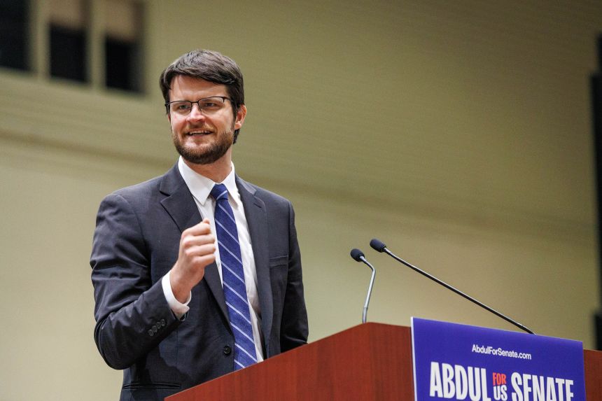 US House candidate William Lawrence speaks at a rally with US Senate candidate Abdul El-Sayed, Sen. Bernie Sanders and Rep. Alexandria Ocasio-Cortez in Lansing, Michigan, on July 19.