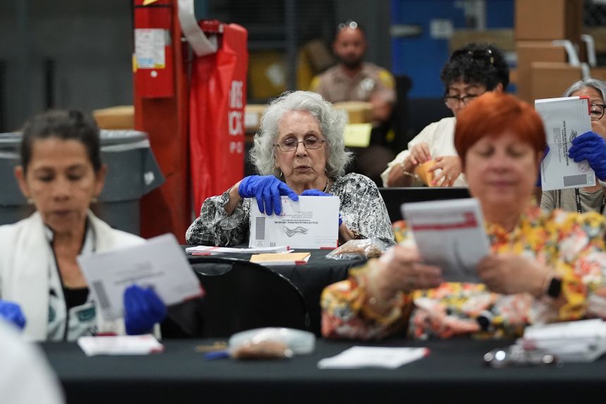Election workers sort vote-by-mail ballots at the Miami-Dade County Supervisor of Elections Office for the Florida primary election in Doral, Florida, on August 18.