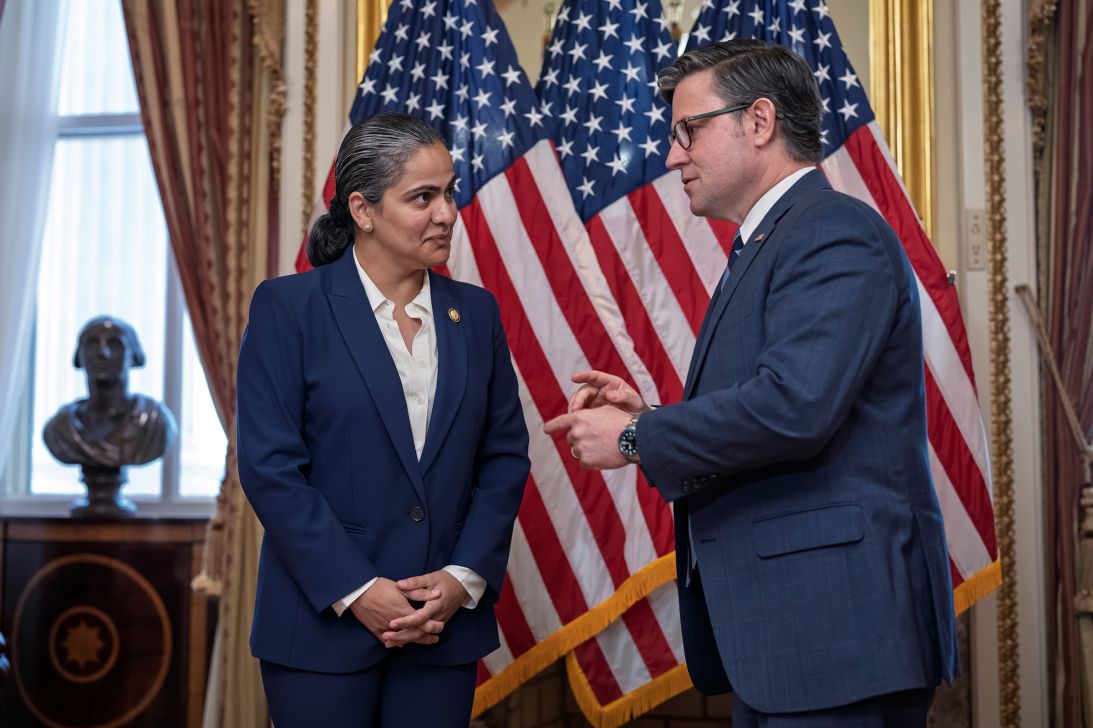 Rep. Aisha Wahab speaks with Speaker of the House Mike Johnson just after she was sworn in, at the US Capitol on September 2.