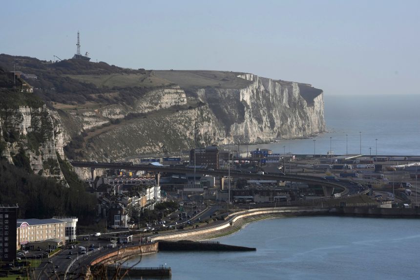 A general view of the port of Dover with the coastguard station, top left, in Dover, England, on February 26, 2025.