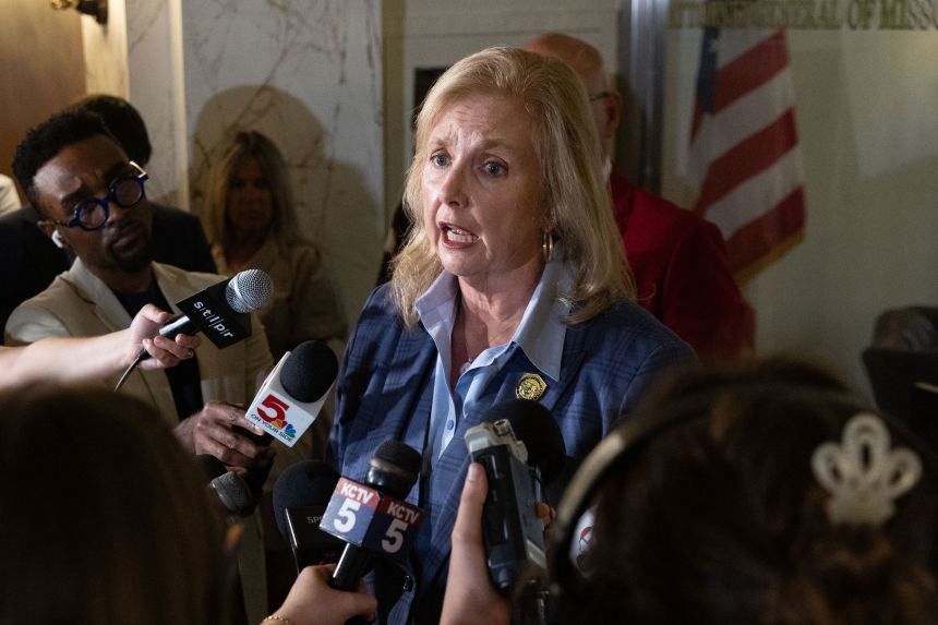 Missouri Attorney General Catherine Hanaway speaks to members of the media at the Missouri Supreme Court in Jefferson City, Missouri, Thursday, September 10.