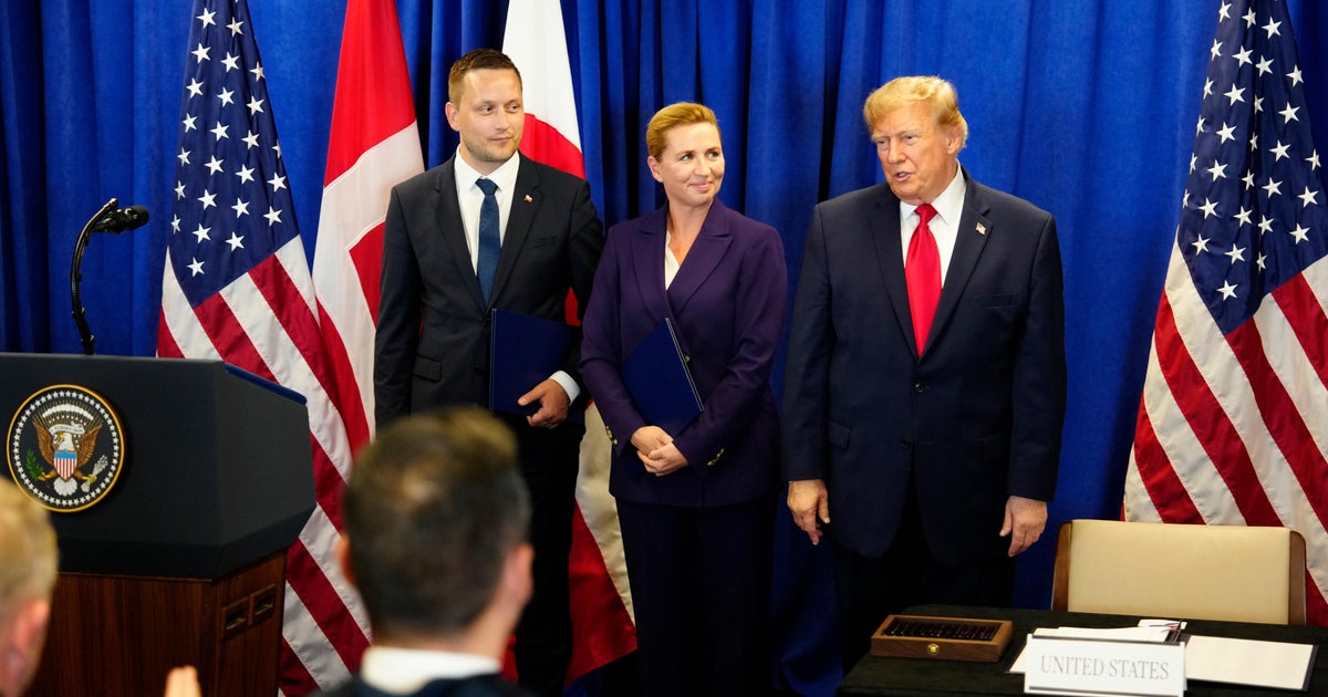 Greenland Prime Minister Jens-Frederik Nielsen, Danish Prime Minister Mette Frederiksen and President Trump at the signing ceremony of a security deal on Tuesday, Sept. 22, 2026.