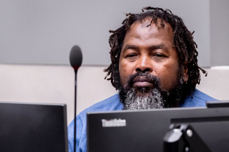 Seleka rebel group commander Mahamat Said Abdel Kani sits in the courtroom during a hearing in the case in which he is accused of crimes against humanity and war crimes allegedly committed in Bangui in 2013, in The Hague, Netherlands, Wednesday, Sept. 23, 2026. (Remko De Waal/Pool Photo via AP)