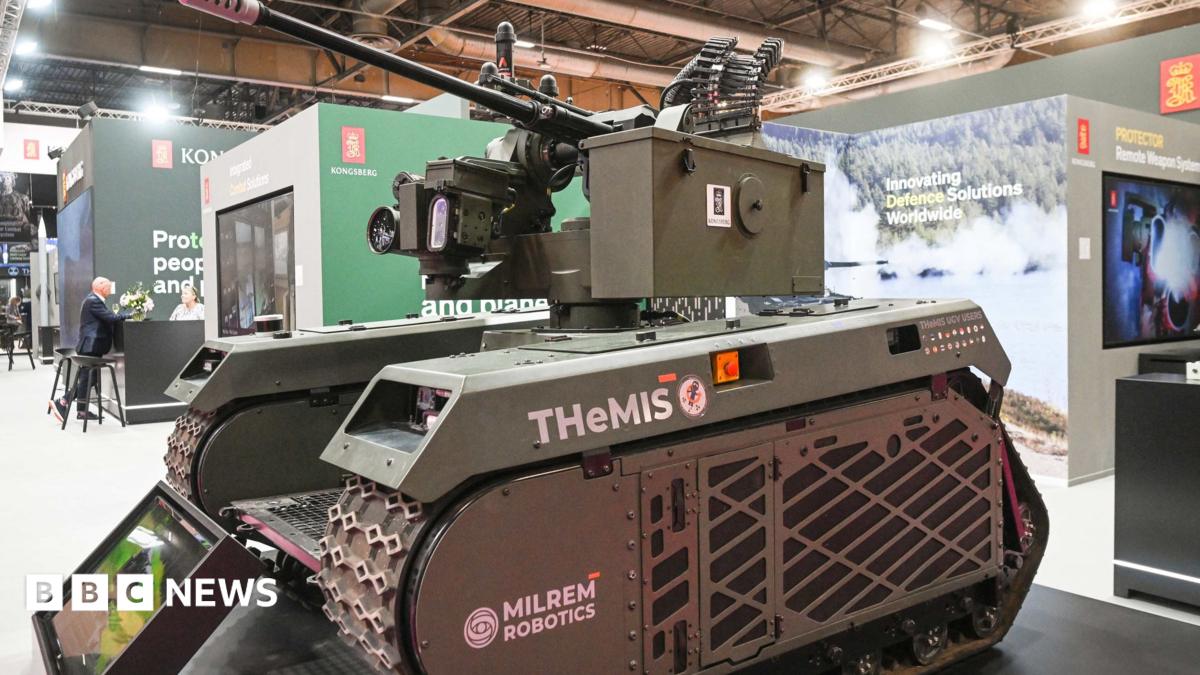 Unmanned ground vehicle built by Milrem Robotics on display at an exhibition in Paris