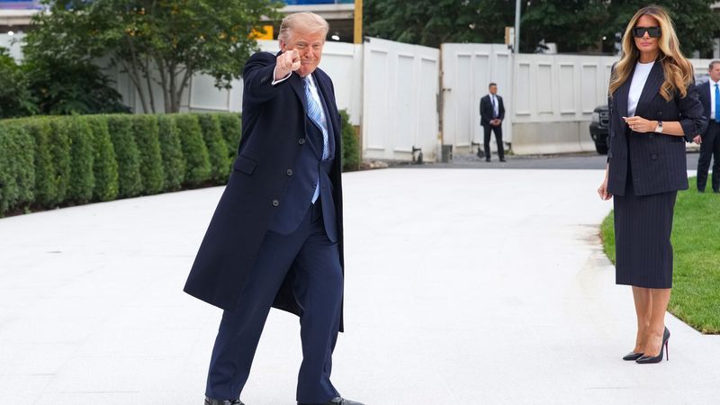 WASHINGTON, DC - SEPTEMBER 23: U.S. President Donald Trump points to members of the media as he walks to board Marine One alongside first lady Melania Trump (R) on the South Lawn of the White House on September 23, 2026 in Washington, DC. Trump is traveling to Joint Base Andrews, Maryland to welcome Chinese President Xi Jinping as he arrives for a visit to the United States. (Photo by Andrew Harnik/Getty Images)