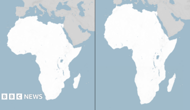 Side-by-side maps of Africa comparing two map projections. The Mercator projection on the left makes Africa appear smaller in comparison with Europe to its north. The Equal Earth projection on the right shows a longer, more proportionally accurate shape of the continent.