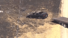 A car caught fire after a police chase and crash in northern Denton County, Texas, on Monday, Sept. 14, 2026.