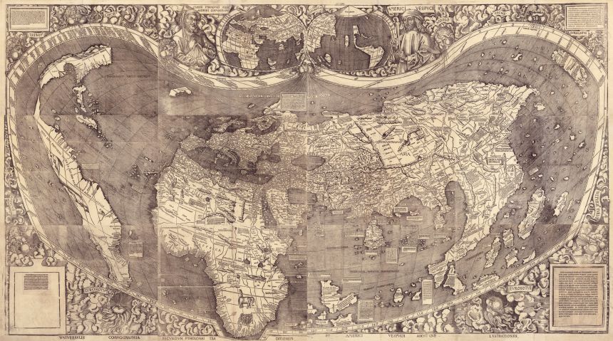 A 1507 world map by cartographer Martin Waldseemüller features the earliest recorded use of 