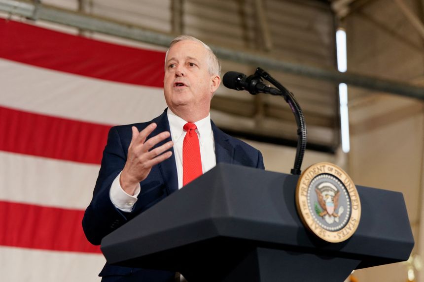 Republican US Senate candidate Michael Whatley speaks as US President Donald Trump visits Fort Bragg, North Carolina, on February 13.