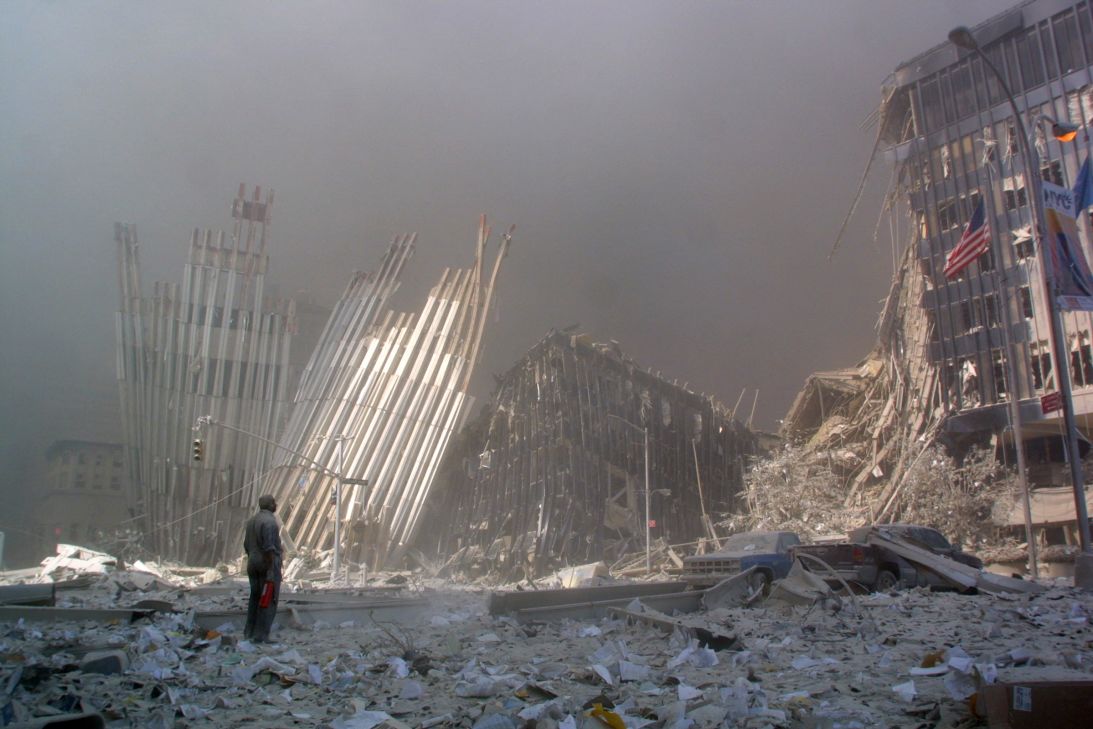 The destruction after the collapse of the World Trade Center in New York City on September 11, 2001.