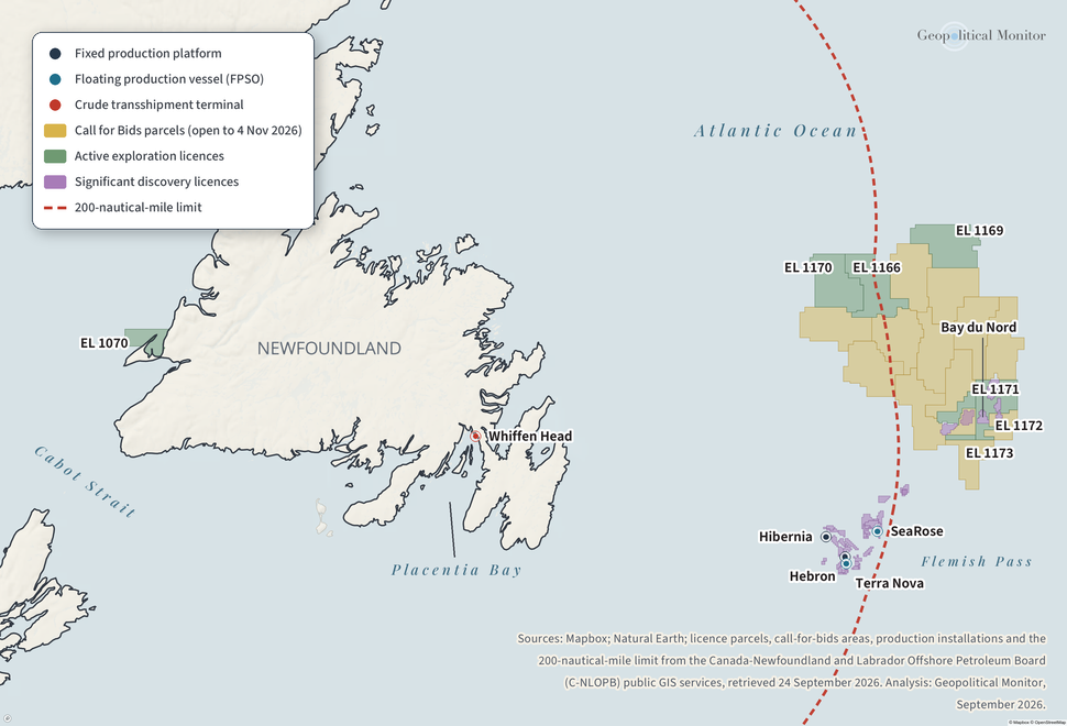 Map of offshore Newfoundland showing the Hibernia, Hebron, Terra Nova and SeaRose installations, the Bay du Nord project in the Flemish Pass, exploration and significant-discovery licence parcels, the Whiffen Head transshipment terminal in Placentia Bay, Cabot Strait and the 200-nautical-mile limit. Sources: Mapbox; Natural Earth; licence parcels, call-for-bids areas, production installations and the 200-nautical-mile limit from the Canada-Newfoundland and Labrador Offshore Petroleum Board (C-NLOPB) public GIS services, retrieved 24 September 2026. Analysis: Geopolitical Monitor, September 2026.