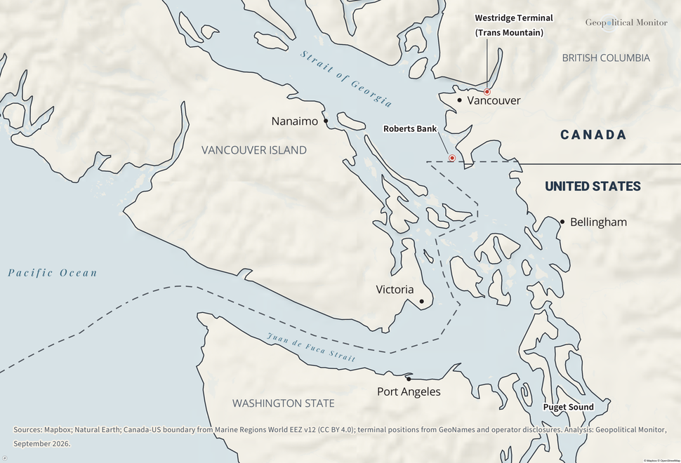 Map of the Juan de Fuca Strait and Strait of Georgia showing Canada's west coast crude oil export terminals - the Westridge Terminal (Trans Mountain) at Burnaby and the proposed Roberts Bank terminal - with Vancouver, Nanaimo, Victoria, Bellingham, Port Angeles, Puget Sound and the Canada-US maritime boundary. Sources: Mapbox; Natural Earth; Canada-US boundary from Marine Regions World EEZ v12 (CC BY 4.0); terminal positions from GeoNames and operator disclosures. Analysis: Geopolitical Monitor, September 2026.