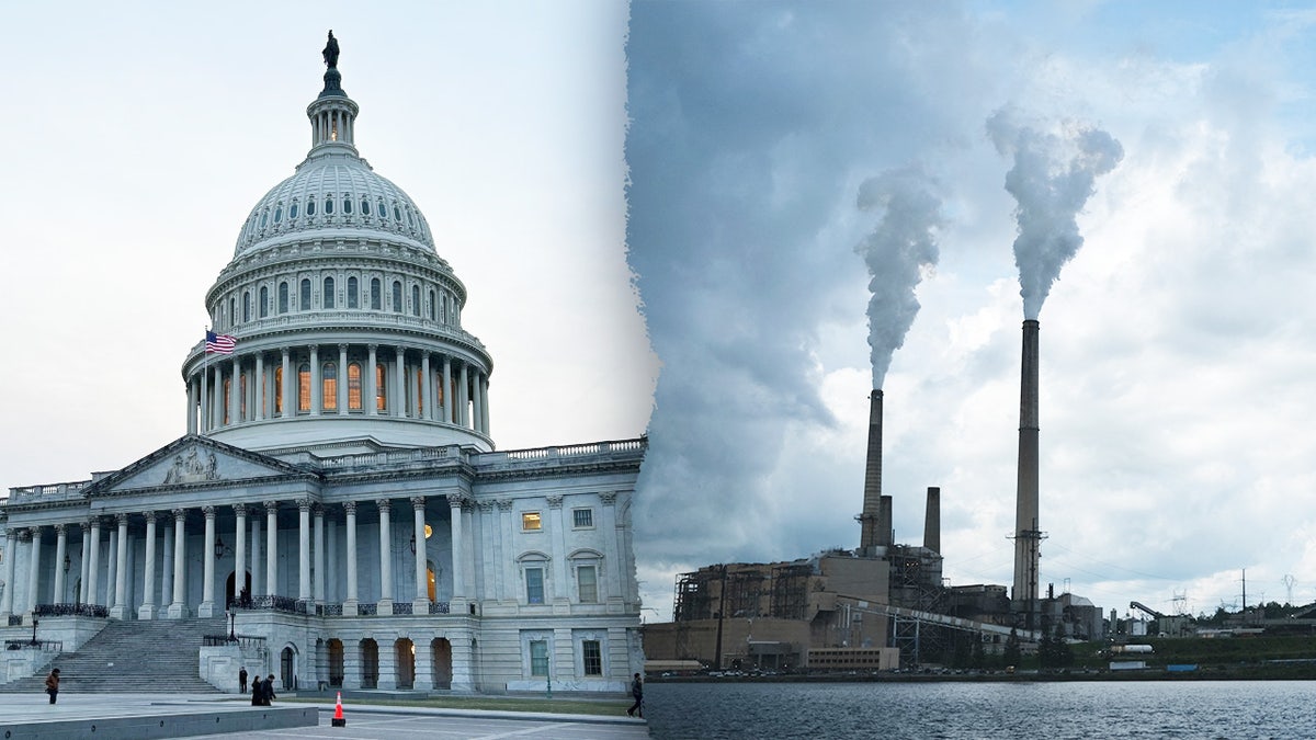 A split image of a coal-fired power plant and the U.S. Capitol