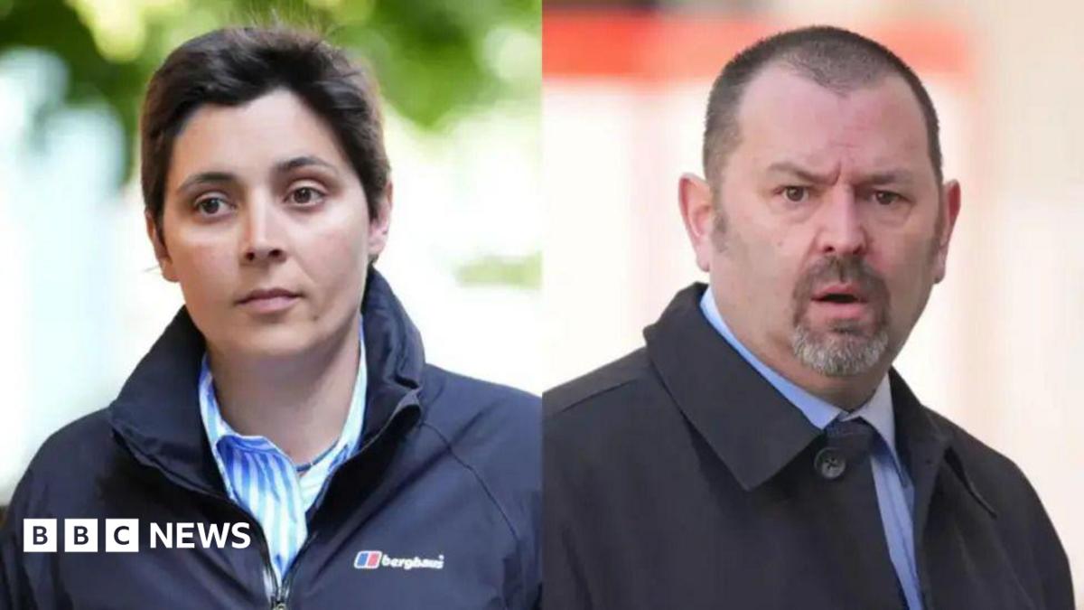 Two pictures side-by-side. On the left there is a woman in a navy coat with short dark hair. On the right there is a man in a navy coat with a white goatee beard and a buzz cut.