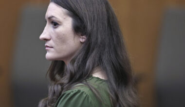 Lindsay Clancy watches jury members as Judge William Sullivan polls them during her murder trial at Plymouth Superior Court on Aug. 31. (Greg Derr/The Patriot Ledger via AP, Pool)