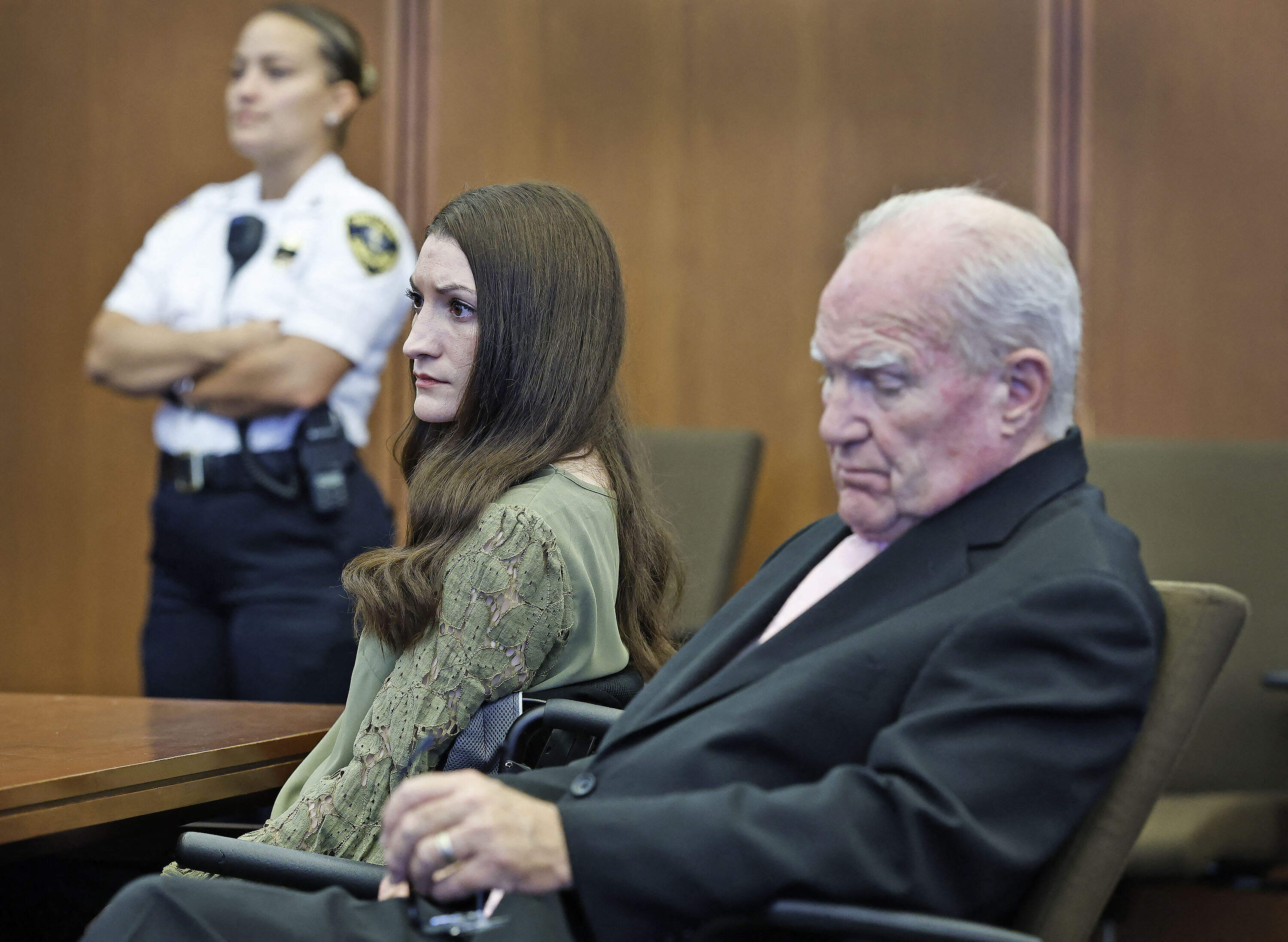 Defendant Lindsay Clancy and her attorney Kevin Reddington listen as the judge declares a mistrial. After seven days of deliberations the 12-member jury was unable to reach unanimity. A single juror opposed finding Clancy not guilty by reason of lack of criminal responsibility. (Greg Derr/AFP pool photo via Getty Images)