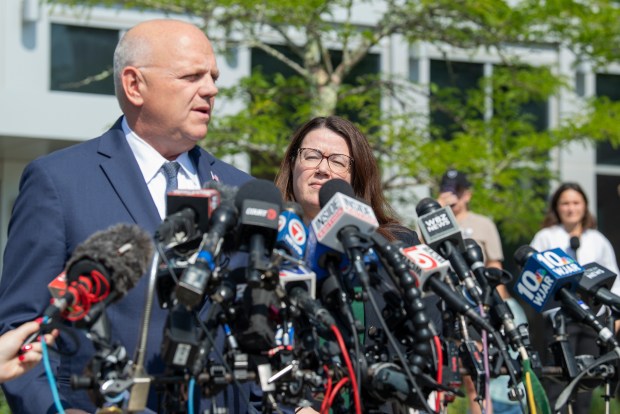 Plymouth DA Tim Cruz speaks Friday after a mistrial was declared in Lindsay Clancy's murder trial. (Amanda Sabga/Boston Herald)