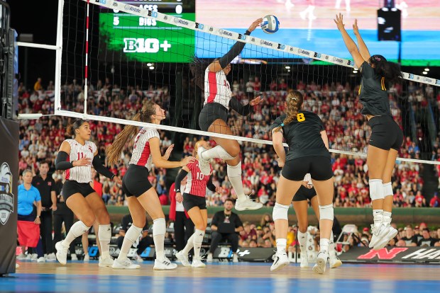 Nebraska's Manaia Ogbechie spikes the ball during a match against Missouri in the Big Ten/SEC Volleyball Challenge Week on Sunday, Sept. 6, 2026, at Wrigley Field. (AP Photo/Melissa Tamez)