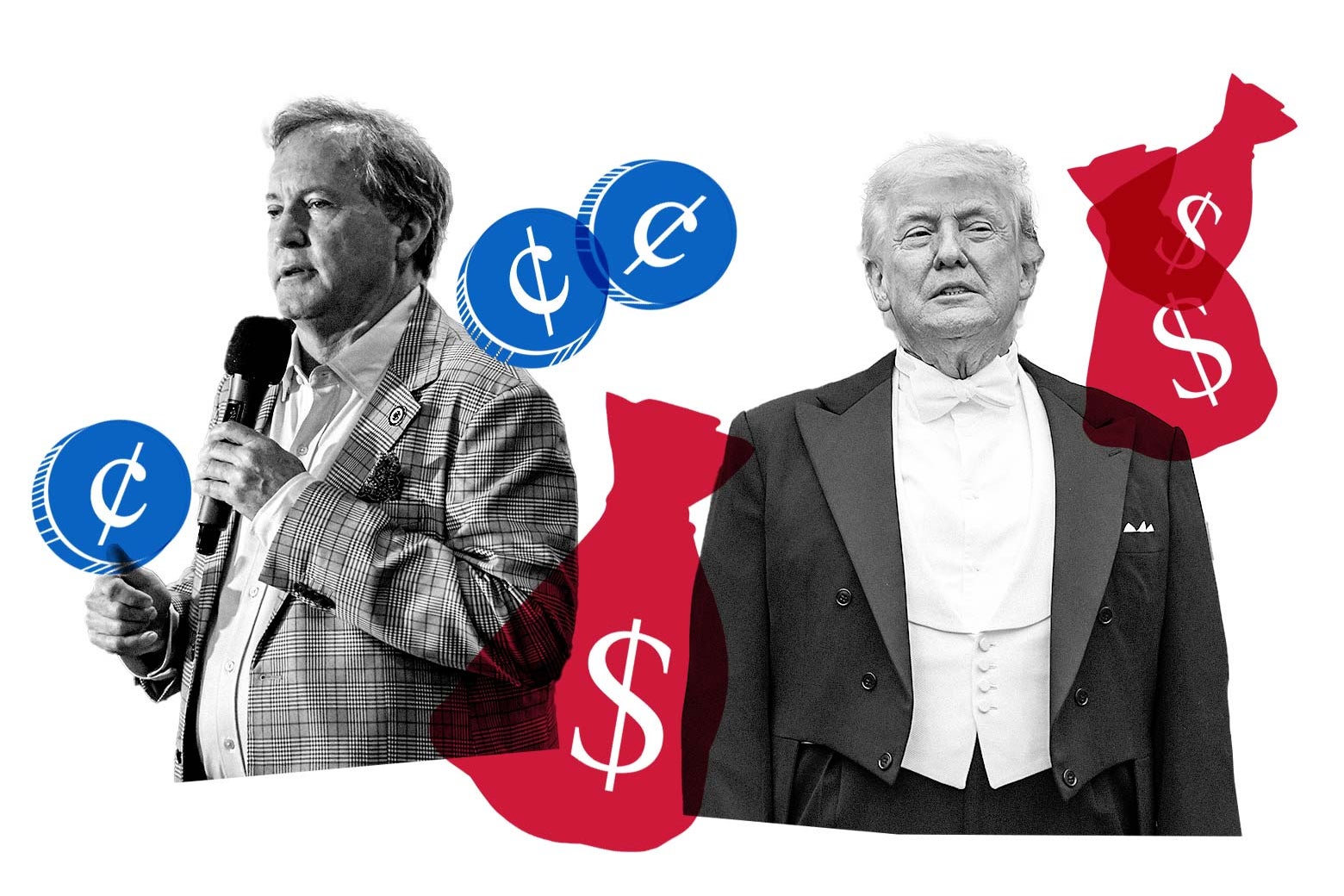 Ken Paxton and Donald Trump, with bags of money floating in the background.