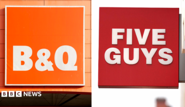 A composite image of B&Q signage on the left and Five Guys signage on the right.