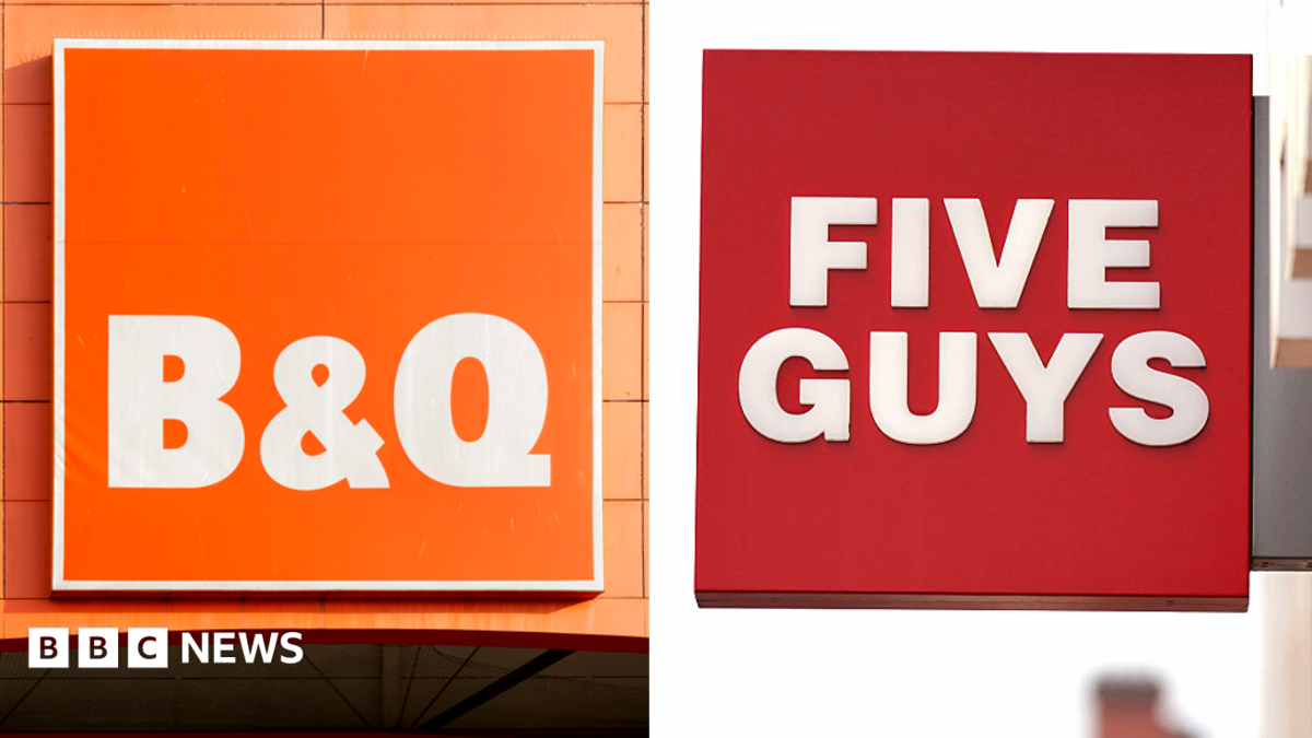A composite image of B&Q signage on the left and Five Guys signage on the right.