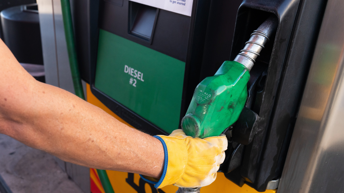 A person is seen grabbing the handle of a diesel pump at a gas station.