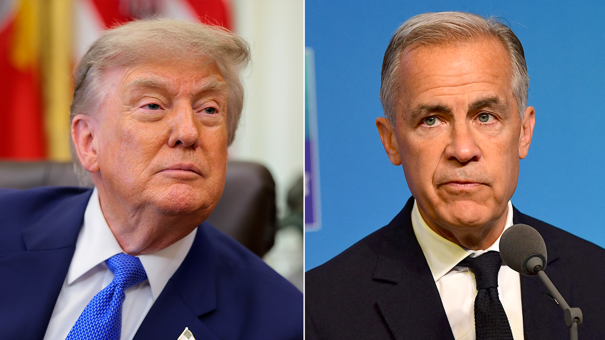 Split image of President Donald Trump, left, and Canadian Prime Minister Mark Carney, right.