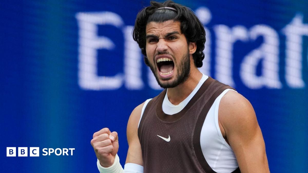 Carlos Alcaraz celebrates after winning his third-round match at the US Open