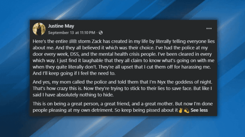 A screenshot of Justine May's Facebook page.