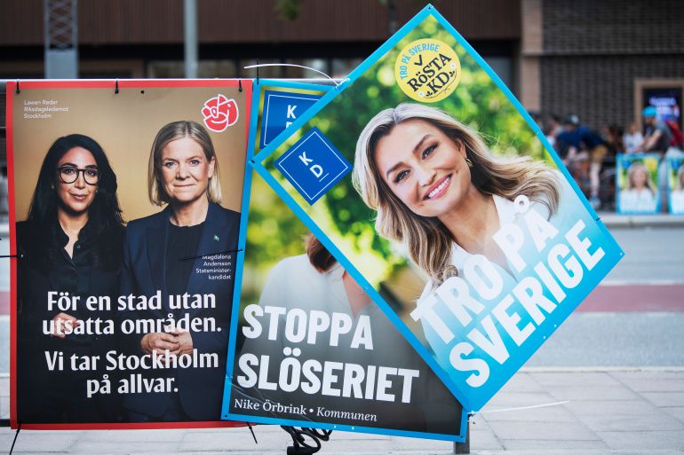epa13178229 Election posters for the Social Democrats and the Christian Democrats at Skanstull ahead of the Swedish general election on September 13, in Stockholm, Sweden, 18 August 2026 (issued 19 August 2026). General elections will be held in Sweden on 13 September 2026 to elect the 349 members of the Riksdag. EPA/Viktoria Bank SWEDEN OUT