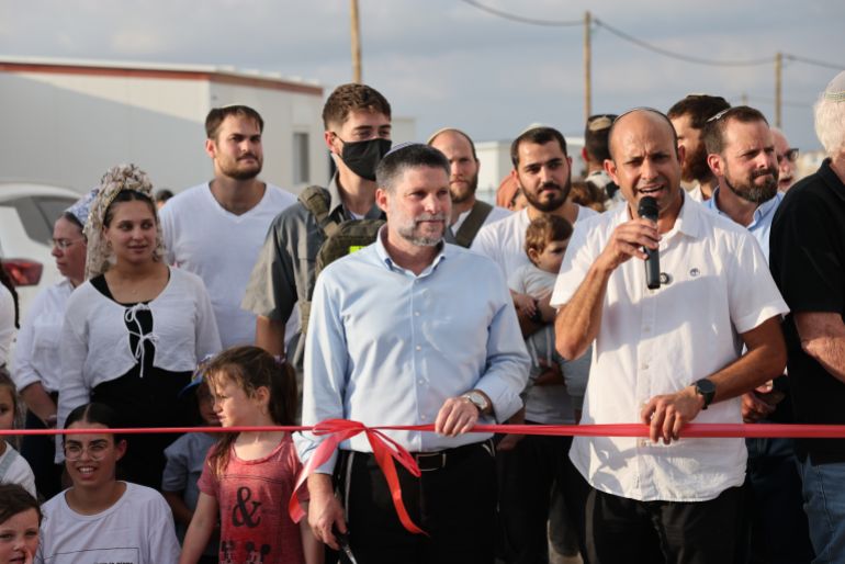 epa13202737 Israeli Finance Minister Bezalel Smotrich meet with families during the inauguration of the new Israeli outpost settlement of Mitzpe Makada near the West Bank Palestinian village of Dura, in the Mount Hebron area near Hebron, West Bank, 31 August 2026. The inauguration of the settlement follows the announcement of four new settlements in the Hebron Hills by the Hebron Hills Regional Council and Israeli authorities. EPA/ABIR SULTAN