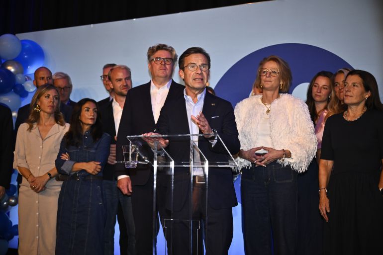 Moderate Party leader Ulf Kristersson (C) speaks during the Moderates' election night watch party in Stockholm, Sweden, 13 September 2026 [Christine Olsson/Sweden Out/EPA]